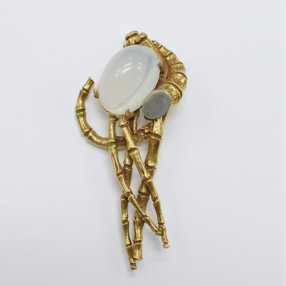 Vintage Jeanne Signed Gold Tone Brooch Pin Winding Bamboo Milky Cabochon Rare